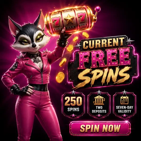 Personaggio procione che tiene trionfalmente un rullo di slot luminoso che offre giri gratuiti su Rockyspin Casino