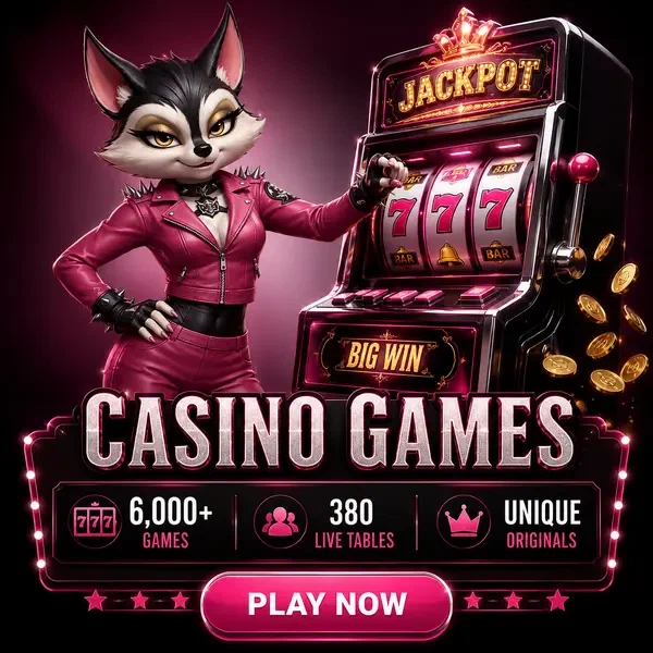 Procione antropomorfo in giacca magenta tira la leva della slot machine ai Giochi del Rockyspin Casino