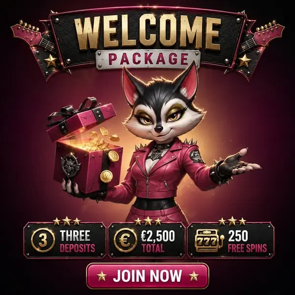 Procione antropomorfo che presenta il regalo di benvenuto live casino su Rockyspin