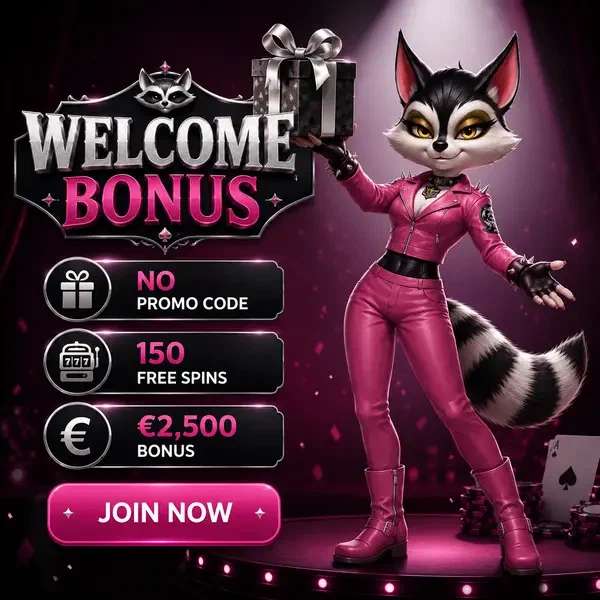 Procione antropomorfo rock star che presenta il regalo del bonus di benvenuto al portale di login Rockyspin