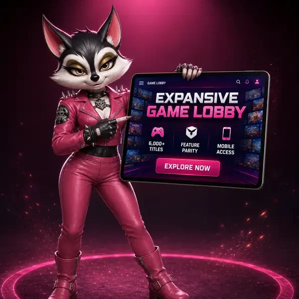 Procione frontwoman che presenta la lobby dell'app Rockyspin con oltre 6.000 giochi su tablet luminoso
