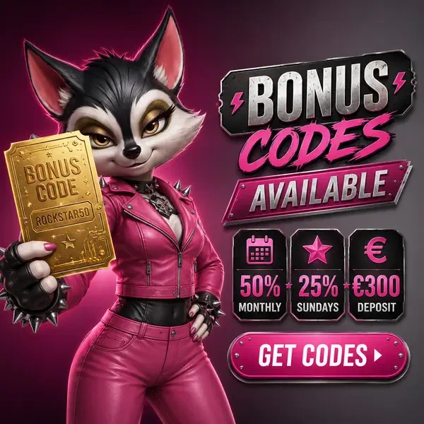 Procione rockstar che tiene un voucher dorato del codice bonus su Rockyspin Casino