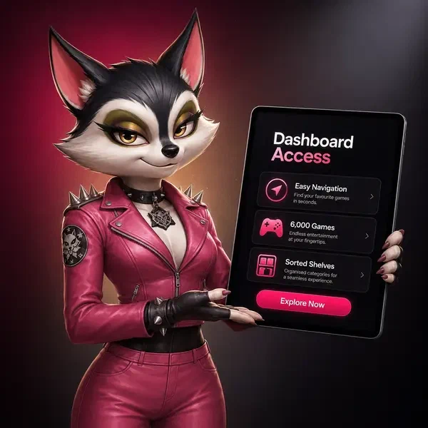 Procione antropomorfo che presenta un tablet per un facile accesso al login alla Dashboard e alla Lobby dopo il Login