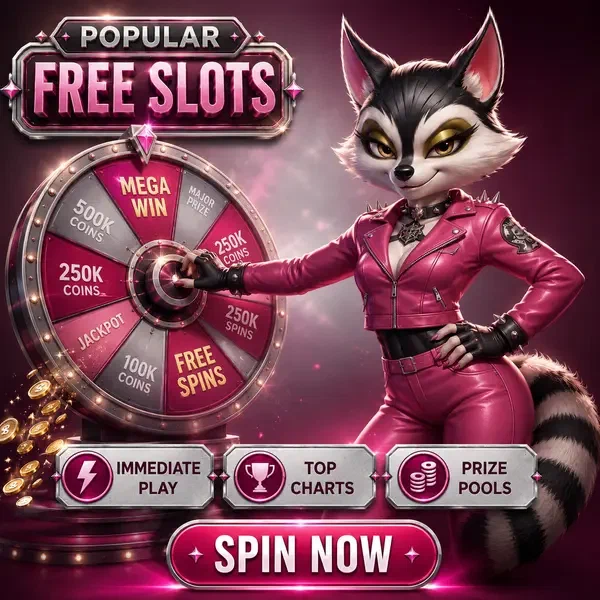 Procione antropomorfo che gira la ruota dei premi per slot gratis a Rockyspin Casino