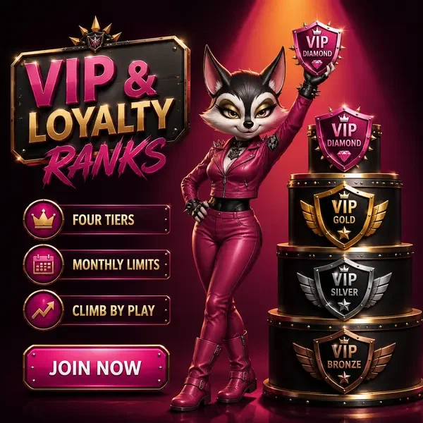 Procione antropomorfo in giacca magenta che tiene il badge livello VIP al podio del programma fedeltà Rockyspin