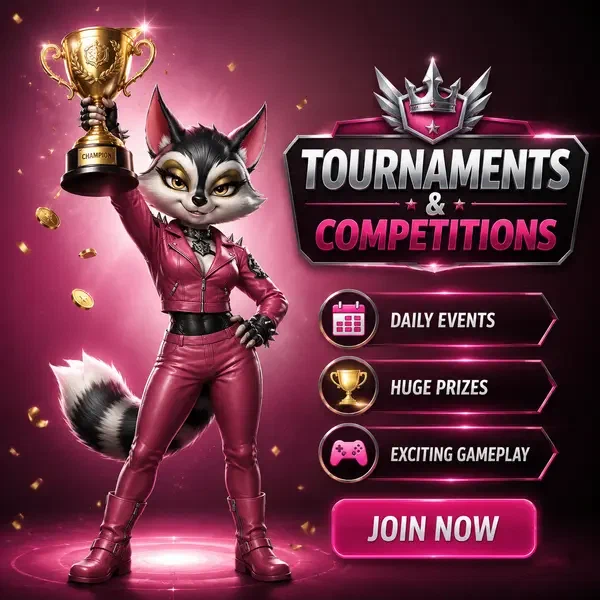 Anthropomorphic raccoon champion holding golden trophy at Rockyspin tournaments celebration