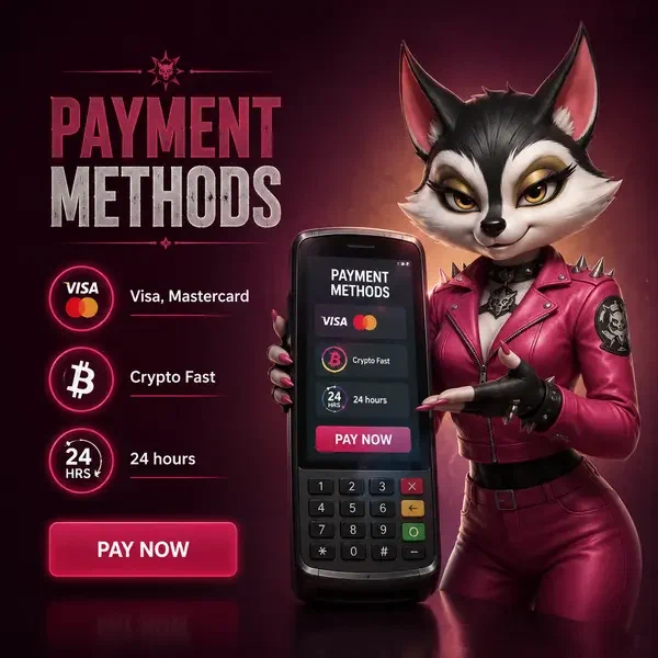 Anthropomorphic raccoon in magenta jacket presenting Rockyspin payment methods on sleek terminal