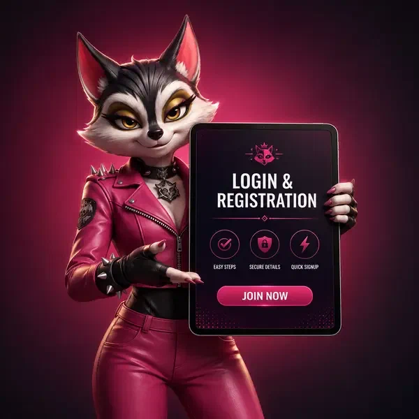 Procione antropomorfo che presenta tablet per registrazione rapida al portale Rockyspin Casino